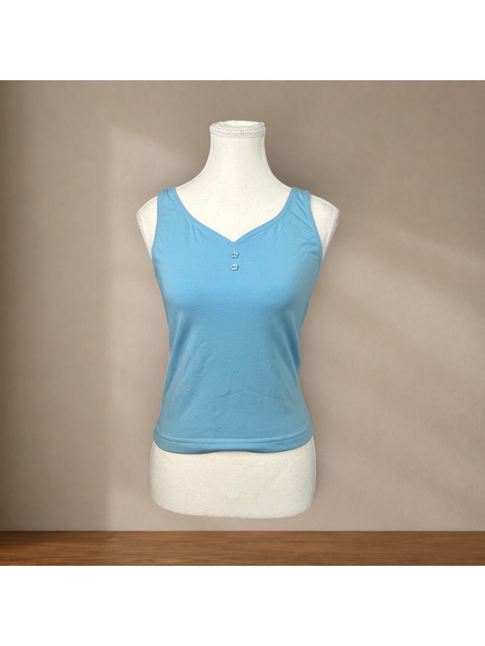 Deadstock Y2K Baby Blue Tank Top Button Detail Stretch Cami Minimalist 2000s